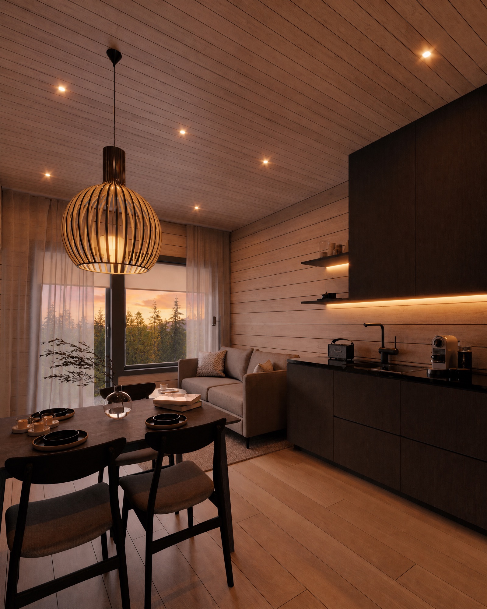 Kaamos — woonkamer in avondlicht (artist's impression)