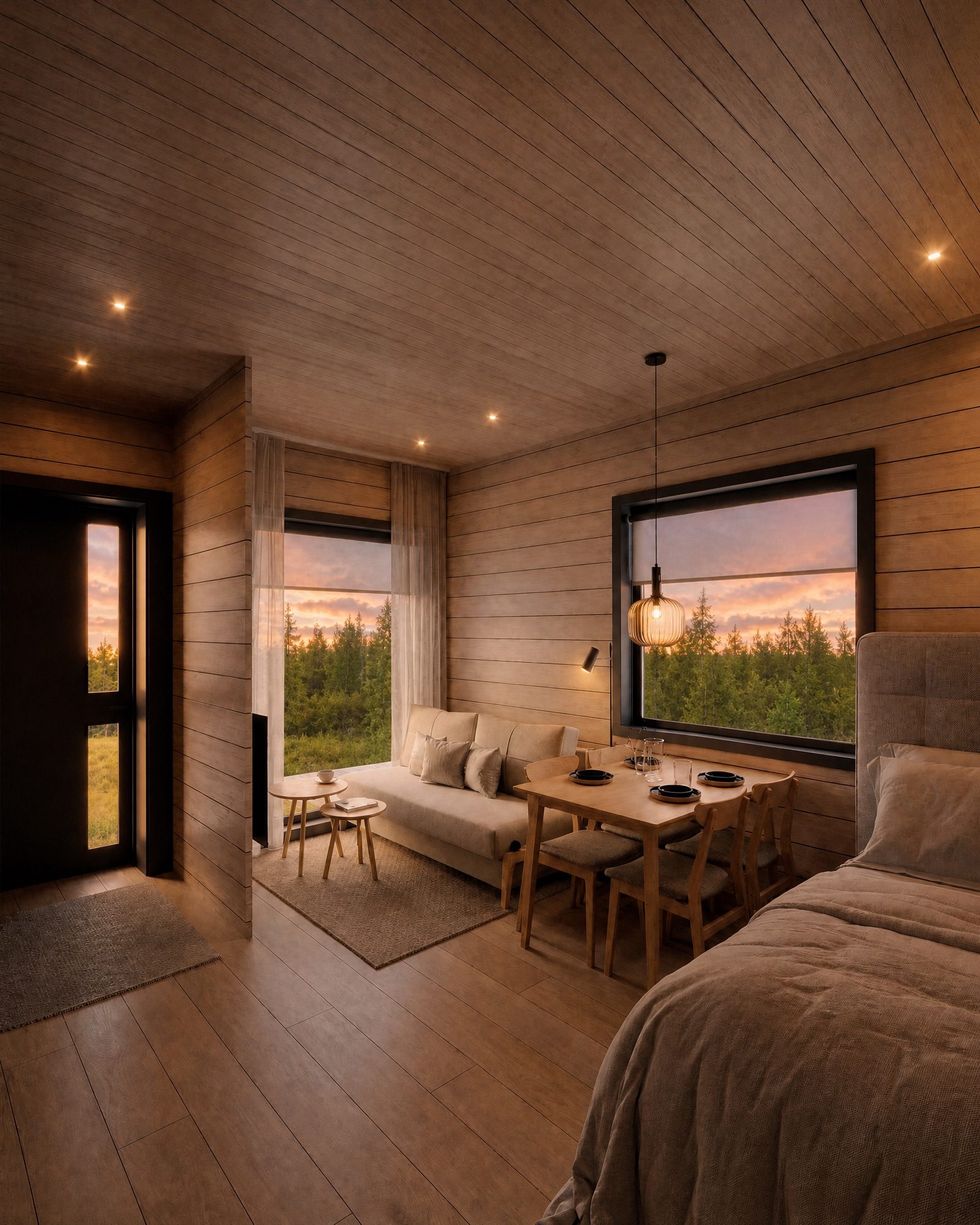 Kelo — hoekwoonkamer in winters avondlicht (artist's impression)