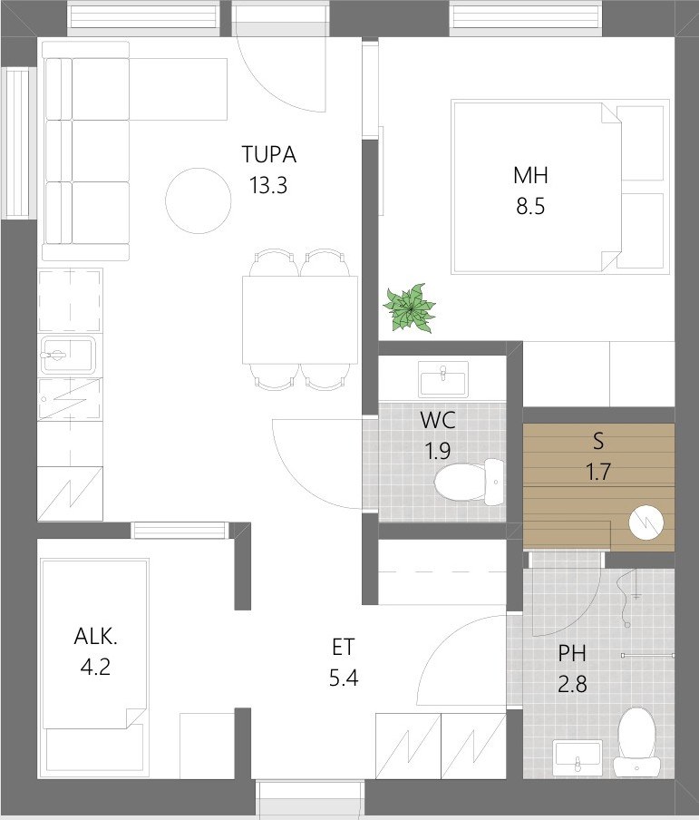 Plattegrond gezinsappartement, 39,1 m² — artist's impression